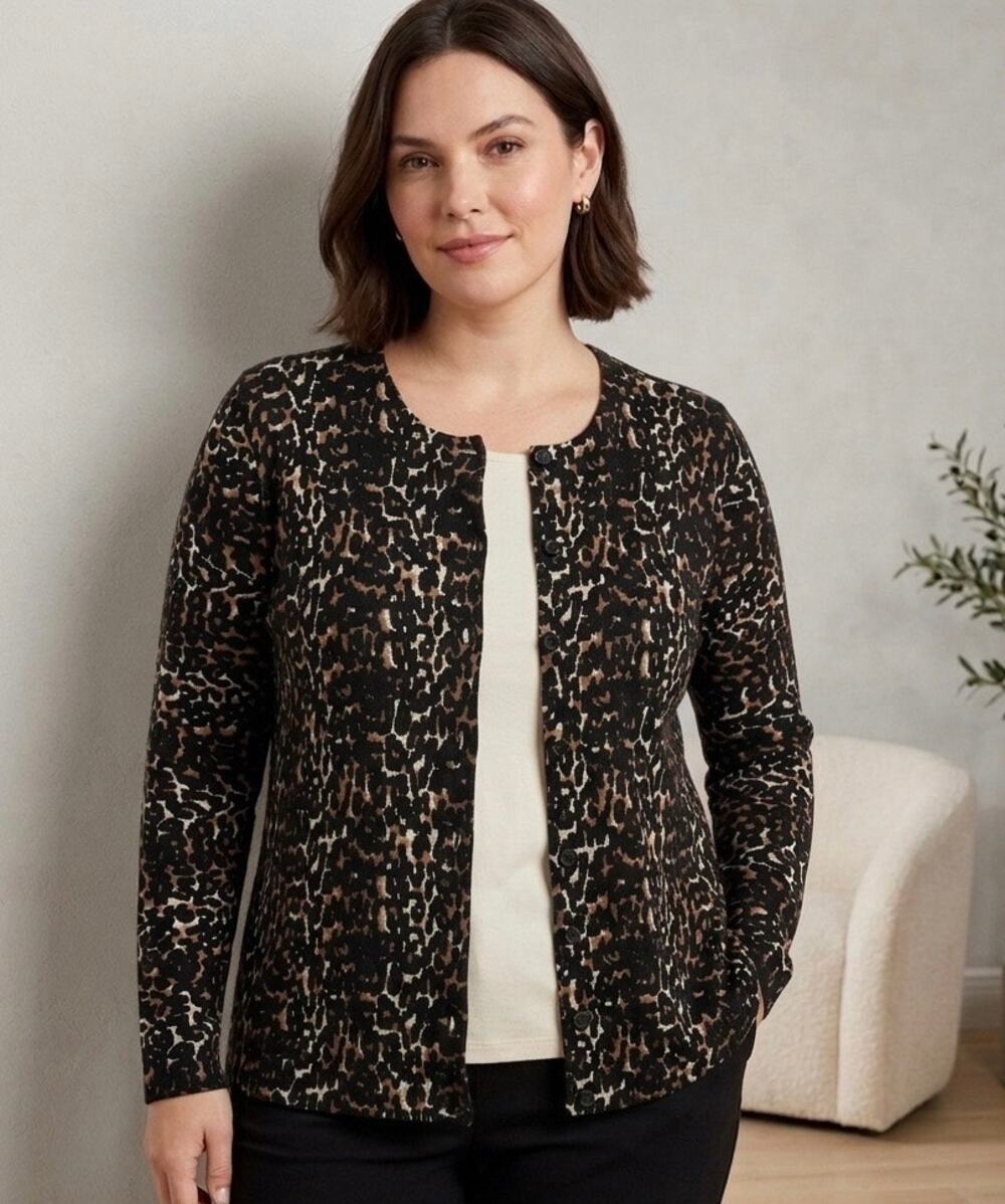 Talbots Leopard Print Cardigan Sweater L 100% Merino Wool Button Front‎